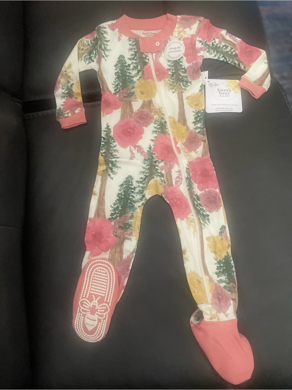 12 month Burt's Bees Floral Forest Footed One-Piece in Coral, Green, Yellow